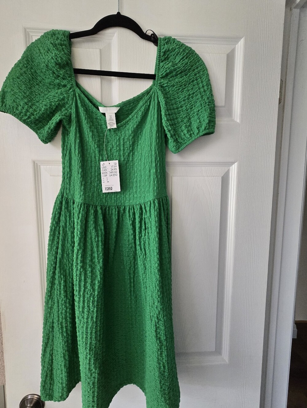 H&M Green Textured Puff-Sleeve Dress, Size Small, NWT